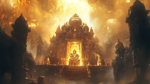 Radiant celestial temple with seated luminous deity in firestorm.