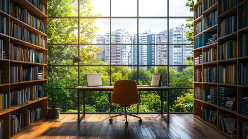 Modern Library Office: Workspace Overlooking Urban Cityscape.