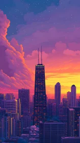 Sunset skyline with central tapered tower and vivid cloud mass
