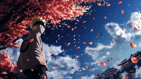 Storm-bright ninja watches cherry petals redraw the sky