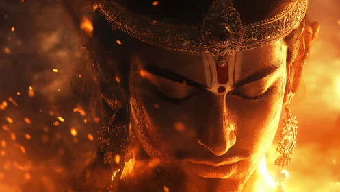 Incandescent warrior visage in ember-saturated close focus.