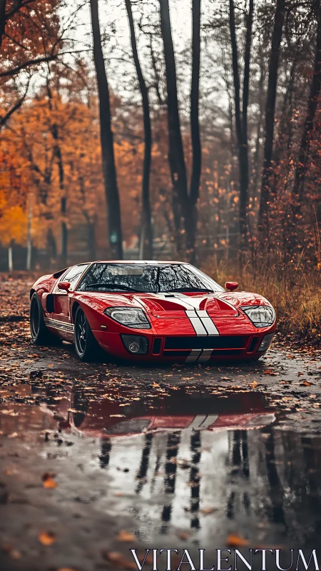 Red racing coupé reflecting in wet autumn forest lane.