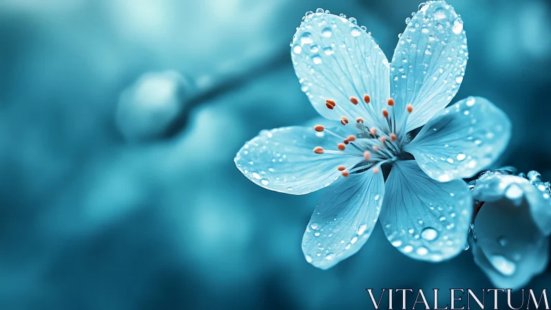 Delicate Flower with Dew Drops in Cool Blue Tone.