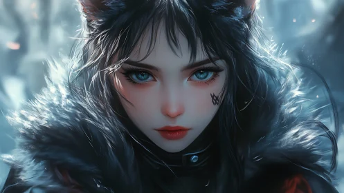 Snowlit cat-eared girl stares forward with piercing blue eyes
