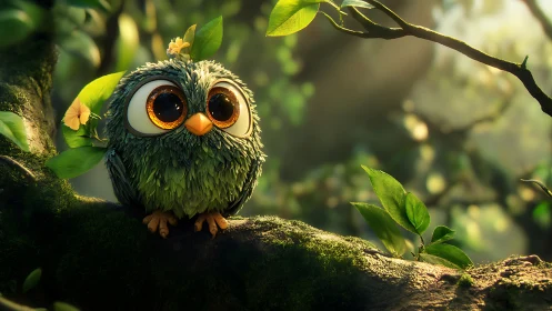 Cute Cartoon Owl on Mossy Branch in Whimsical Forest Scene.