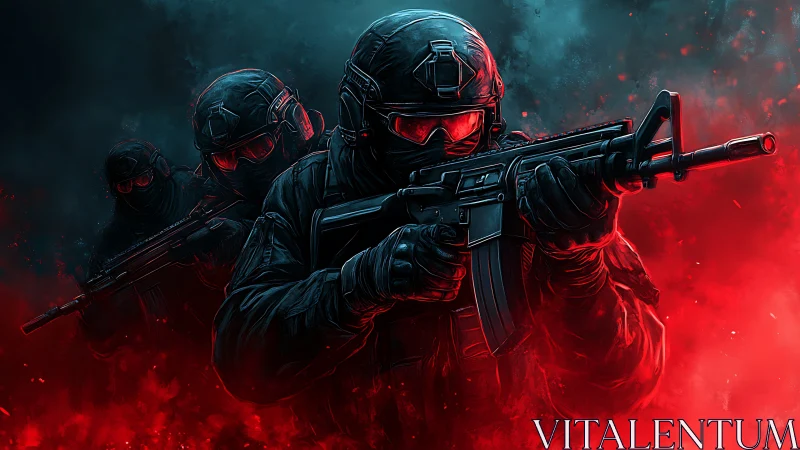 Crimson shadow squad advancing through neon warfog.