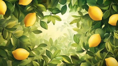 Lemons hang among dense green leaves in soft diffuse light