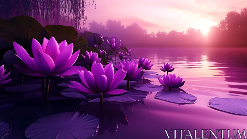 Purple water lilies on reflective lake at misty sunset.