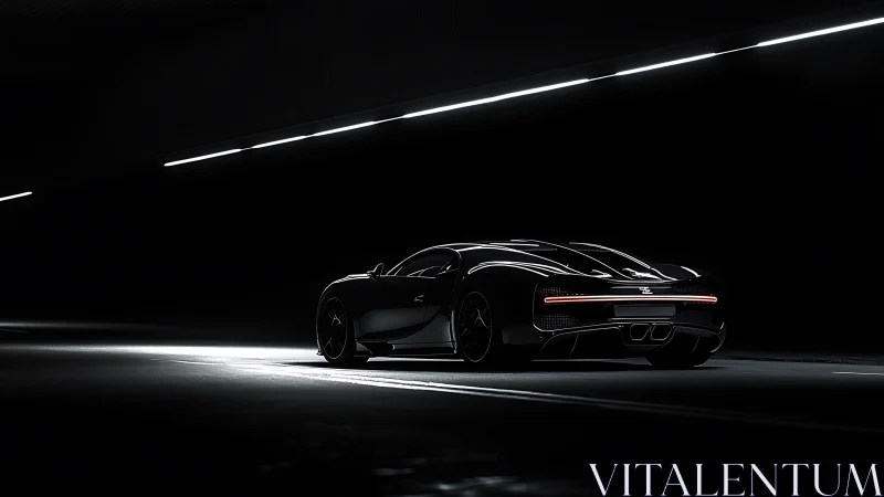 Sleek black hypercar glides through a dramatic tunnel glow