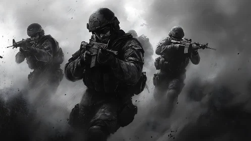 Armed tactical team advancing through dense battlefield smoke.