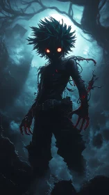 Backlit feral humanoid silhouette with glowing eyes, torn limbs