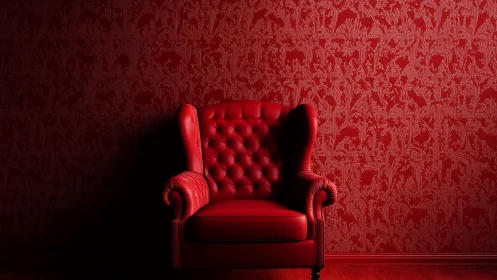 Red leather wingback chair against patterned wall.