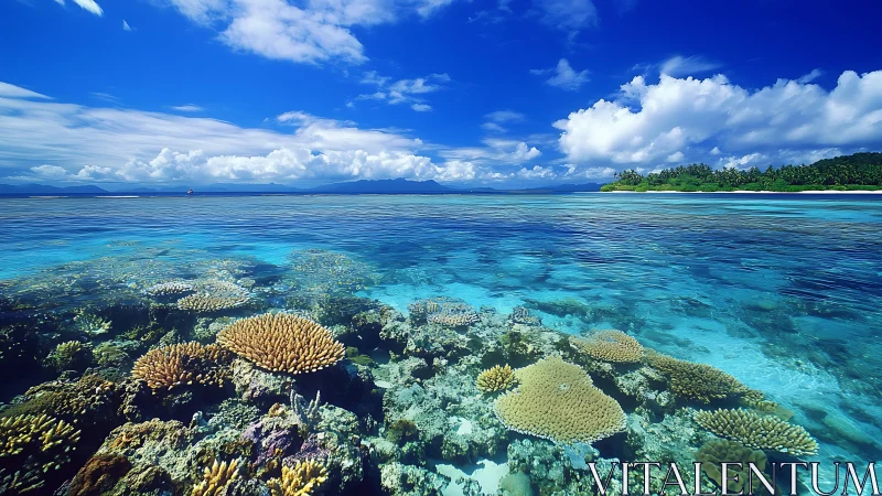 Coral reef in clear tropical sea under bright blue sky.