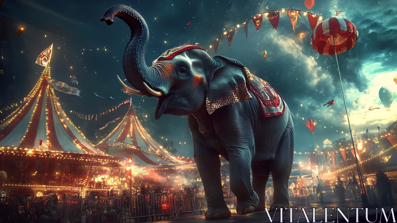 Midnight circus elephant under glowing carnival skies.