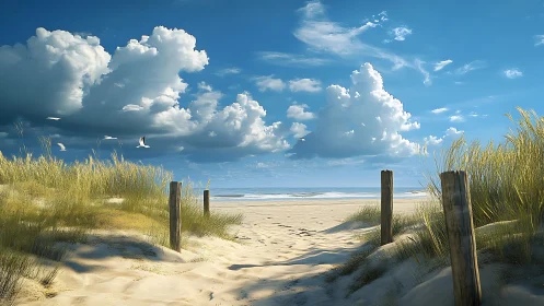 Coastal sand path leads toward tranquil blue ocean horizon.