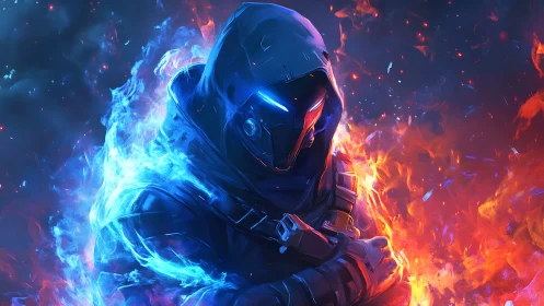 Hooded cyber warrior strides between blue ice and fire
