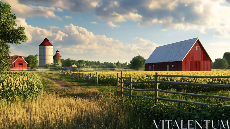 Sunlit red barns overlook blooming fields and quiet fences.