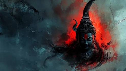 Dark deity bust with red aura in abstract digital space.