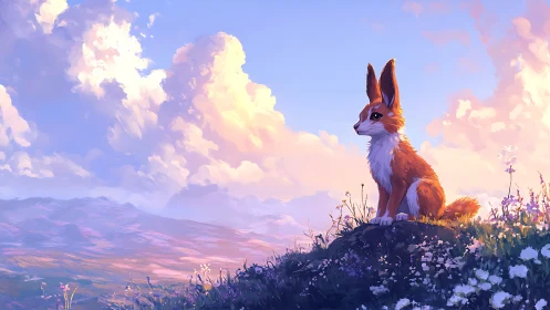 Anthropomorphic fox-hare hybrid observes dusk-lit alpine meadow