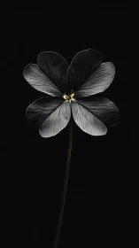 Monochrome close-up of single flower on black background.