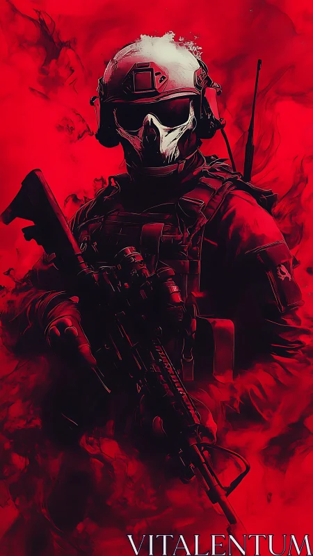 Crimson phantom soldier rising through swirling battle smoke.
