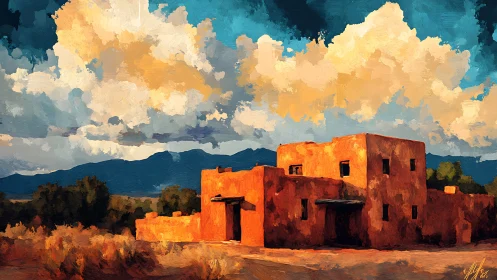Adobe desert house under expansive cloud-filled sky scene.