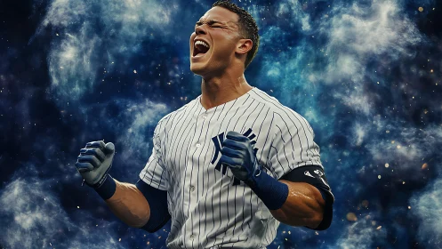 Dynamic baseball slugger isolated against nebula-like particle field