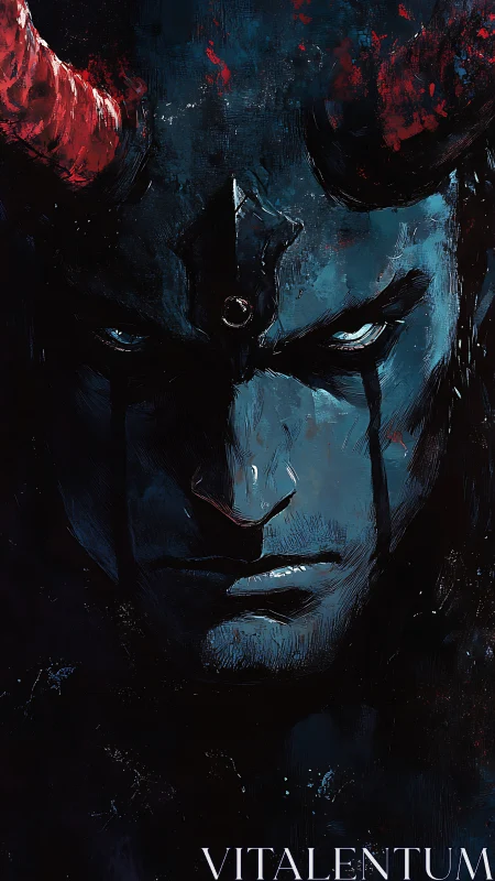 Shadowed horned guardian gazes out from the painted dark