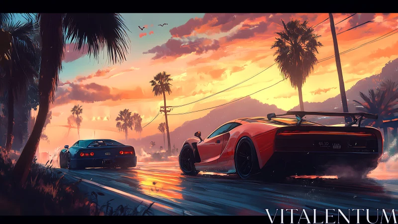 Two sports cars move along wet palm-lined road at sunset