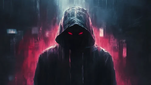 Hooded shadow figure stalks neon alley under cold rain.