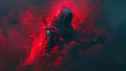 Shrouded crimson wraith emerging from swirling red fog.