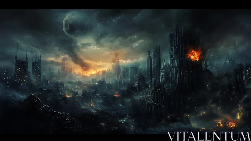 Post apocalyptic city ruins under burning stormy sky.