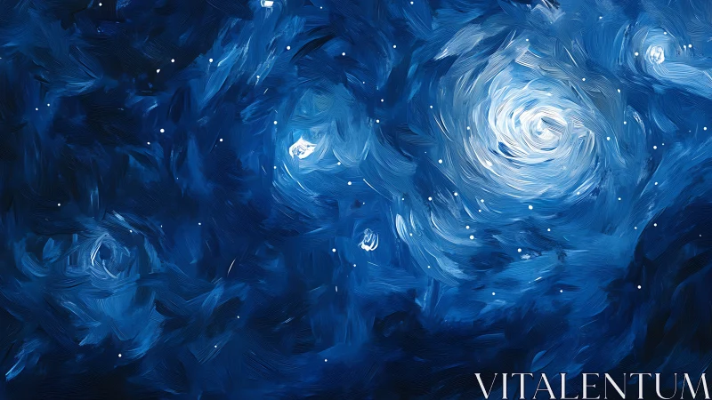 Swirling cobalt night sky with luminous galactic vortices.