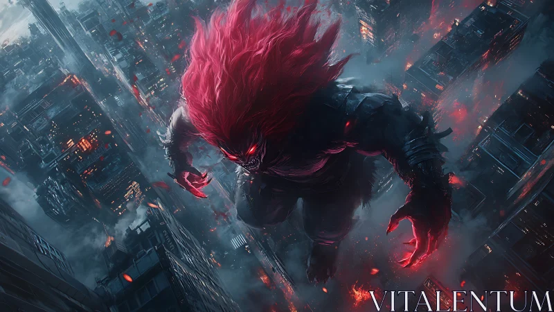 Demonic titan descends over ember-lit cyberpunk megacity.