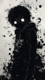 Silhouetted hooded figure stands amid black ink splatters