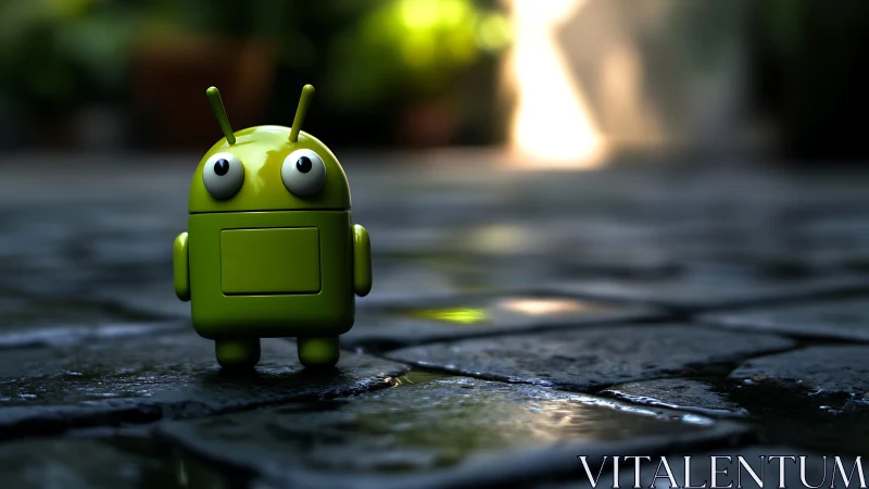 Green toy robot stands on wet cobblestone ground