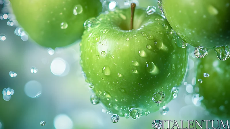 Green apples with water droplets in fresh close-up view.
