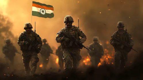 Indian soldiers advancing through smoke with national flag.