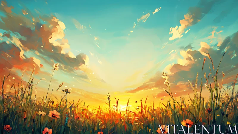 Sunlit wildflower meadow rendered in expressive digital brushwork