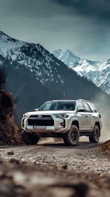 Snow-crowned peaks frame a silver SUV carving wild gravel roads.