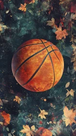 Basketball floating amid autumn leaves on dark abstract field.