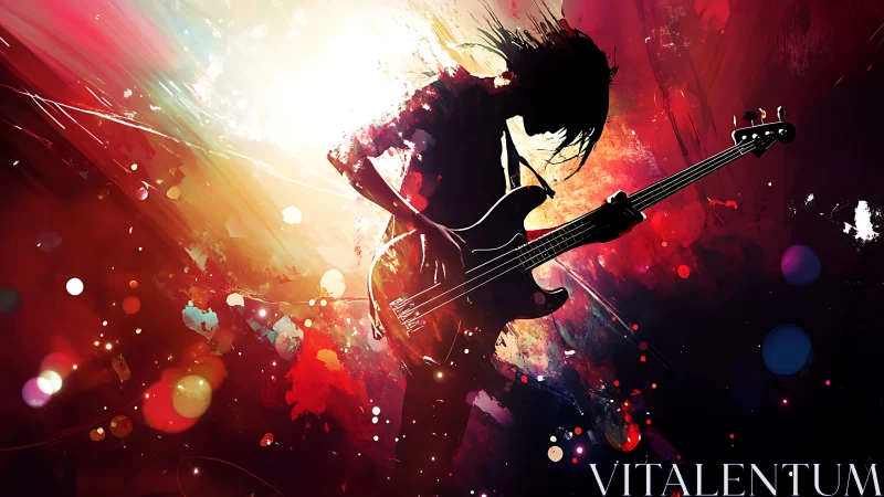 Silhouette bassist carves neon shockwaves through liquid color