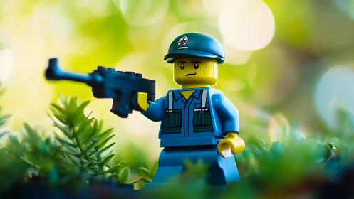 Toy soldier minifigure with rifle in outdoor foliage scene.