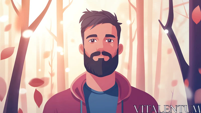Bearded man in hoodie standing in a soft autumn forest.