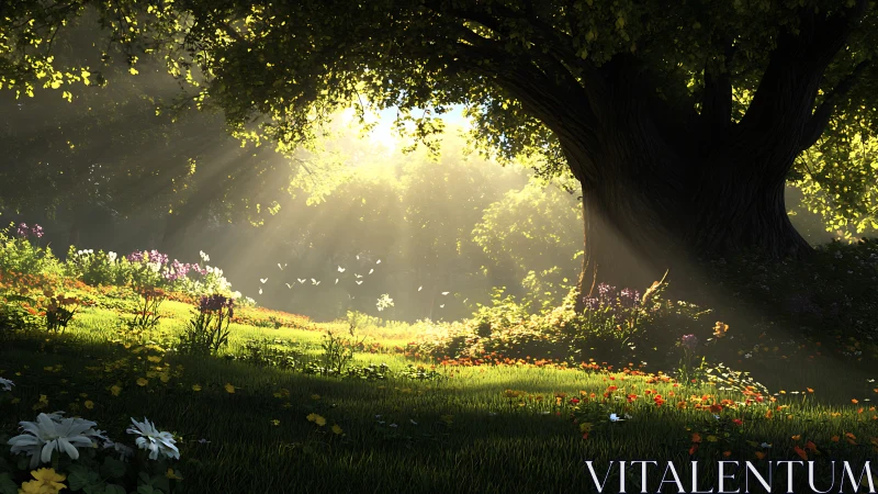 Sunlit forest glade where wildflowers whisper to dawn.