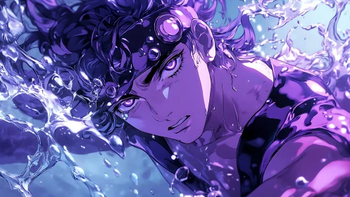Violet currents cradle the swimmer’s sharp, luminous gaze