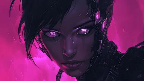 Fierce cyberpunk heroine glowing in bold neon magenta light.