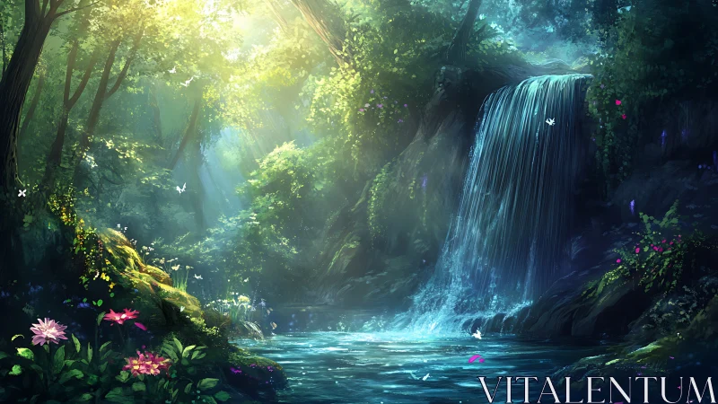 Luminescent forest cascade with floral foreground and misted pool