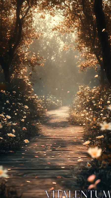 Golden Forest Path with Blooming Flowers and Misty Light.