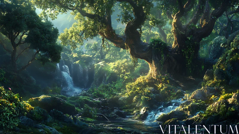 Ancient Forest Ecosystem with Volumetric Light and Cascading Stream